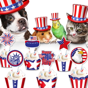 4th of July cupcake toppers and wrappers set featuring patriotic American flag motifs