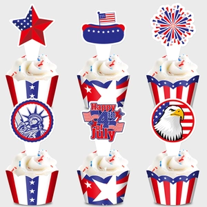 4th of July Independence Day Cupcake Wrappers and Toppers Patriotic Paper Star Stripe Statue of Liberty Eagle Party Cake Decoration Accessories