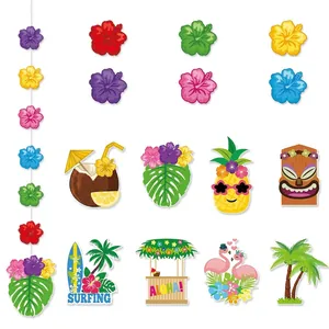 Tropical Hawaiian party banner set with flamingos, pineapples and hibiscus decorations