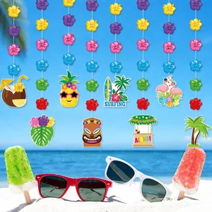 Detail of Hawaii summer party banner with colorful pineapple, flamingo and surfboards