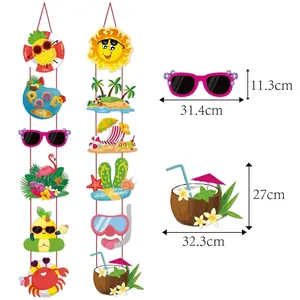 Hawaiian summer party banners with flamingo and pineapple decorations, dimensions included