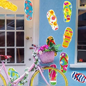 Colorful flip-flop wall stickers with summer patterns on a blue wall background