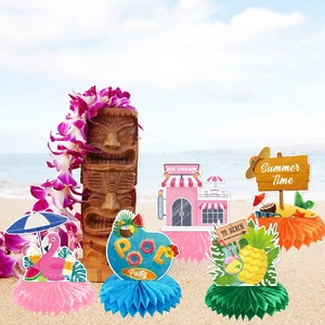 Summer party table honeycomb decorations with flamingo and pineapple tropical beach designs