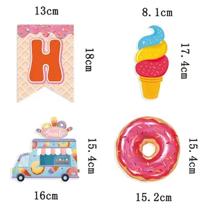 Hello Summer party banner set featuring ice cream and donuts with specific dimensions
