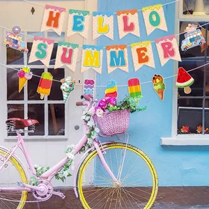 Hello Summer party banner with colorful ice cream and watermelon paper decorations