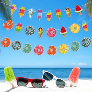 Hello Summer party banner with colorful ice cream, donuts, and watermelon decorations