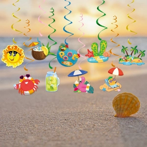 Hawaii pool party hanging swirls featuring pineapple, flamingo and sun cartoon decorations