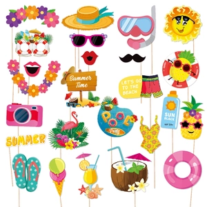 Hawaii Party Photo Booth Props Tropical Summer Beach Pool Theme Paper Handheld Flamingos Pineapple Decorations