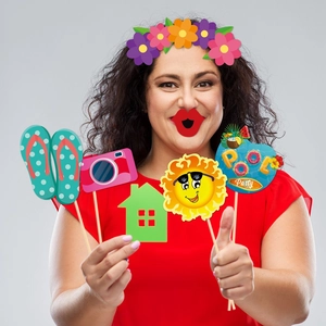 Hawaiian summer pool party photo booth props kit with colorful paper cutouts and sticks