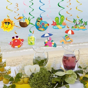 Colorful Hawaii pool party hanging swirls with flamingo, pineapple and tropical motifs