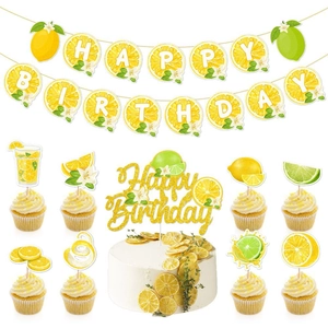Decorazioni Per Feste Di Compleanno Al Limone Tema Frutta Estiva Banner Di Carta E Decorazione Per Torte Glitter Oro