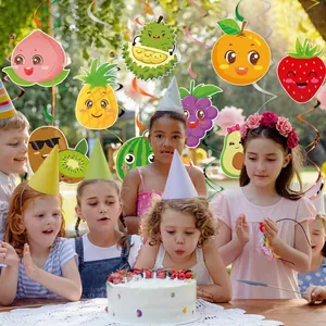 Fruit themed swirl hanging decorations for birthday parties with 9 cute cartoon fruit shapes
