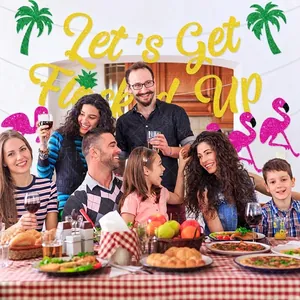 Let's Get Flocked Up tropical party banner with glitter flamingos and palm trees