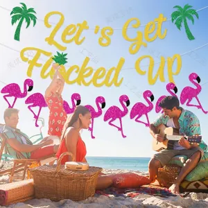 Hawaiian party banner set with glitter Let's Get Flocked Up sign flamingo and palm trees