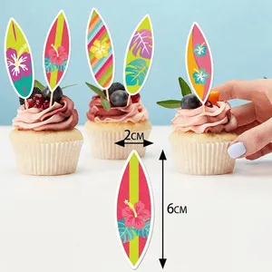 Hawaii style surfboard cupcake toppers with floral palm leaf prints for summer party decor