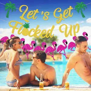 Summer pool party banner with pink flamingos and gold glitter Let's Get Flocked Up letters