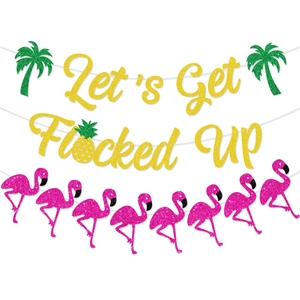 Summer Hawaii Party Banner Glitter Cardstock Flamingo Palm Tree Pineapple Tropical Pool Party Decorations Hanging
