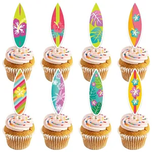 Surfboard Cupcake Toppers Hawaii Tropical Theme Party Cake Decor Summer Beach Birthday Cardstock Bamboo Picks Novelty