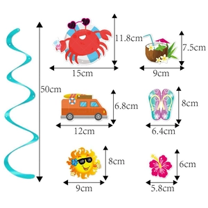Hawaii beach party hanging swirl decorations with crab, pineapple, and surfboard motifs