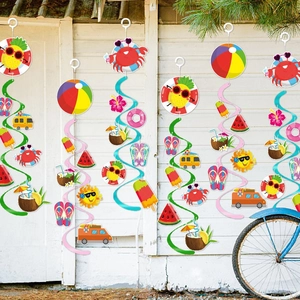 Hawaii beach party hanging swirl decorations with pineapple ice cream and crab cards
