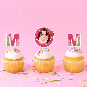 Muttertag MOM Kuchendekoration Set mit Tulpenmuster und Mutter-Kind-Illustration