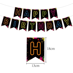 Neon glow birthday party banner with Happy Birthday letters and splatter paint design
