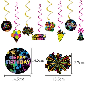 Detailed dimensions of neon birthday party hanging decorations with vibrant glow patterns