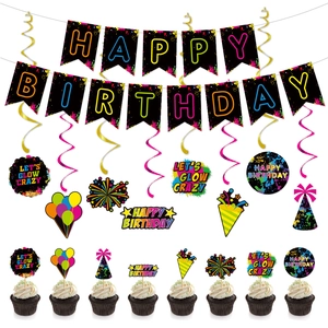 Fluorescent Neon Birthday Party Decoration Set Happy Birthday Banner Swirl Hanging Ornaments Cake Toppers Glow Party Supplies