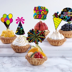 Neon Let's Glow Crazy cake toppers set for fluorescent birthday party decorations
