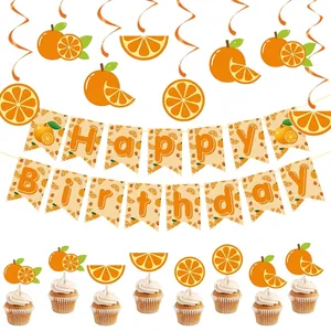 Orange Theme Birthday Party Decoration Cardboard PVC Banner Hanging Swirls Cupcake Toppers Summer Fruit Style