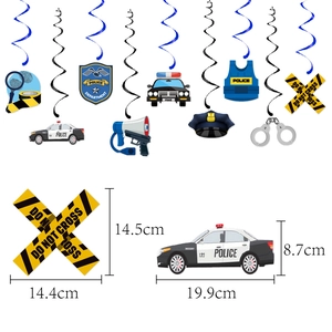 Police graduation party hanging swirl decorations with police car and badge cutouts