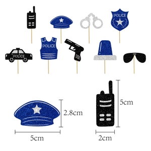 Detailed view of glittery police cupcake toppers with size dimensions in centimeters