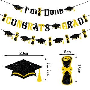 Glittery I'm Done graduation banner set with black gold party wall decorations