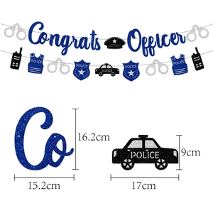 Glittery Congrats Officer banner with handcuffs and police car party decorations
