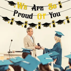 Black and gold glitter 'We Are So Proud Of You' graduation banner with cap and diploma icons