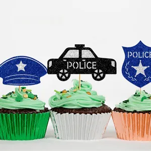 Glittery police themed cupcake toppers featuring car, hat, and badge for party decor