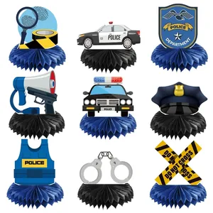 Nine-piece police theme table honeycomb centerpieces with patrol car and badge designs