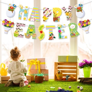 Colorful Happy Easter banner set with daisy flowers, eggs and chicks for party decor