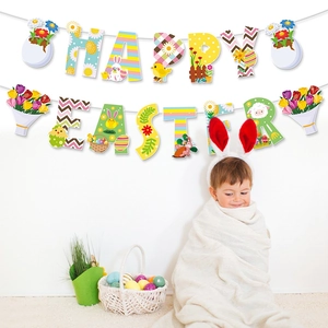Colorful Happy Easter banner with daisy eggs and chick designs for party decoration