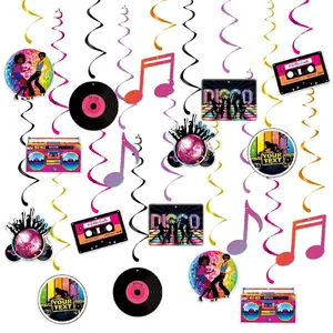 Retro Disco Party Hanging Swirl Decorations Music Theme Cardstock PVC Ceiling Streamers Record Cassette Ornaments