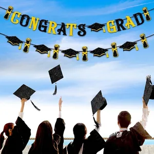 Glittering black and gold Congrats Grad banner for graduation party wall decorations