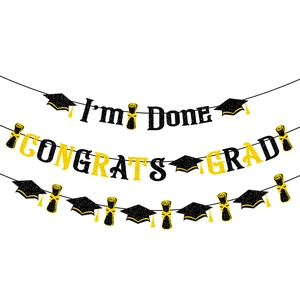 Three-tier black and gold glitter I'm Done graduation banners for party backdrop decor