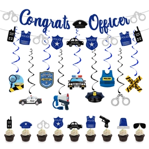 Police Theme Party Decorations Congrats Officer Glitter Banner Hanging Swirls Cupcake Toppers Honeycomb Centerpieces