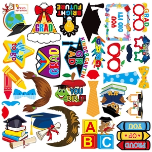 Kindergarten graduation photo booth props set with colorful caps and owl signs