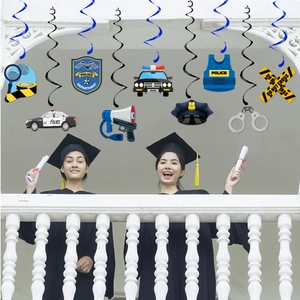 Police graduation party decorations set with blue spirals and police element hanging cards
