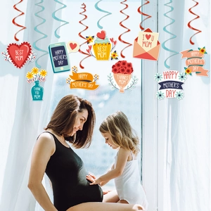 Mother's Day party decorations set featuring colorful hanging swirls and paper cards