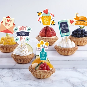 6pcs Happy Mother's Day cake toppers with cartoon floral patterns for party decoration