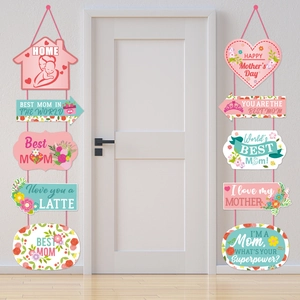 Bannières de porte fleuries Happy Mother's Day avec formes de cœur et de maison en rose