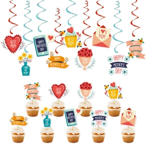 Hanging Swirls Cupcake Toppers Set Paper Plastic Mothers Day Party Decoration Best Mom Theme Celebration Supplies