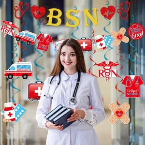 Nurse graduation party decoration set with BSN spirals and medical themed hanging ornaments
